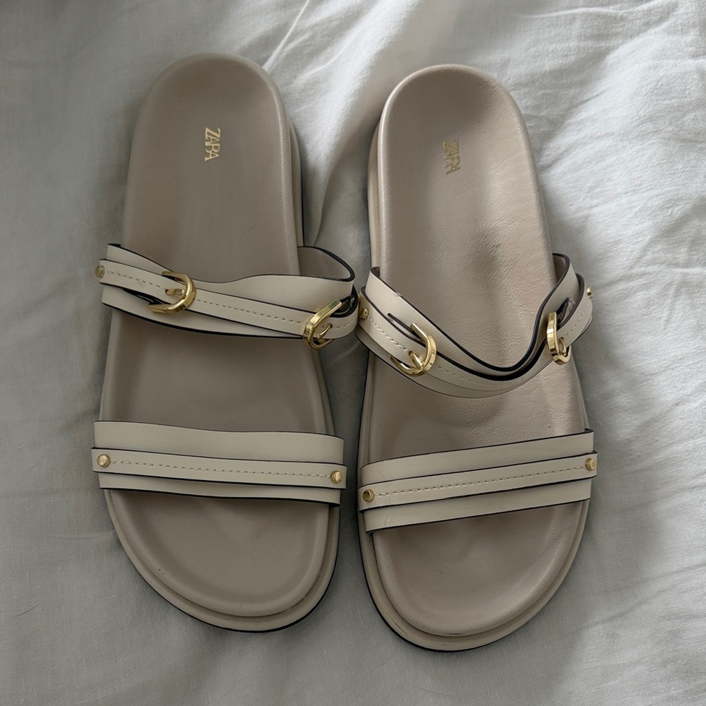 Zara Women's Sandals in Cream with Gold Accents